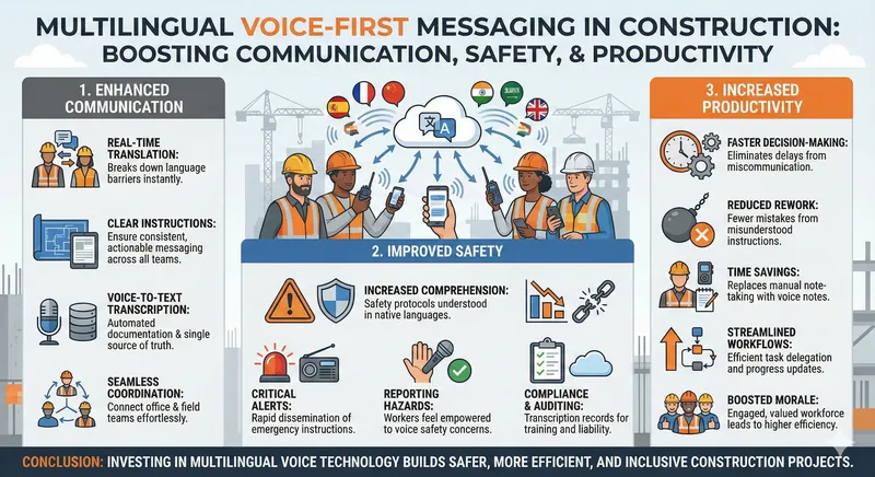 Infographic showing how voice-first technology improves safety, productivity, and communication in construction.